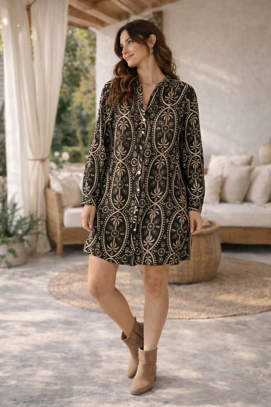 Haute Hippie Black Gold Print Shirt Dress Cotton Button Down Boho Lightweight L